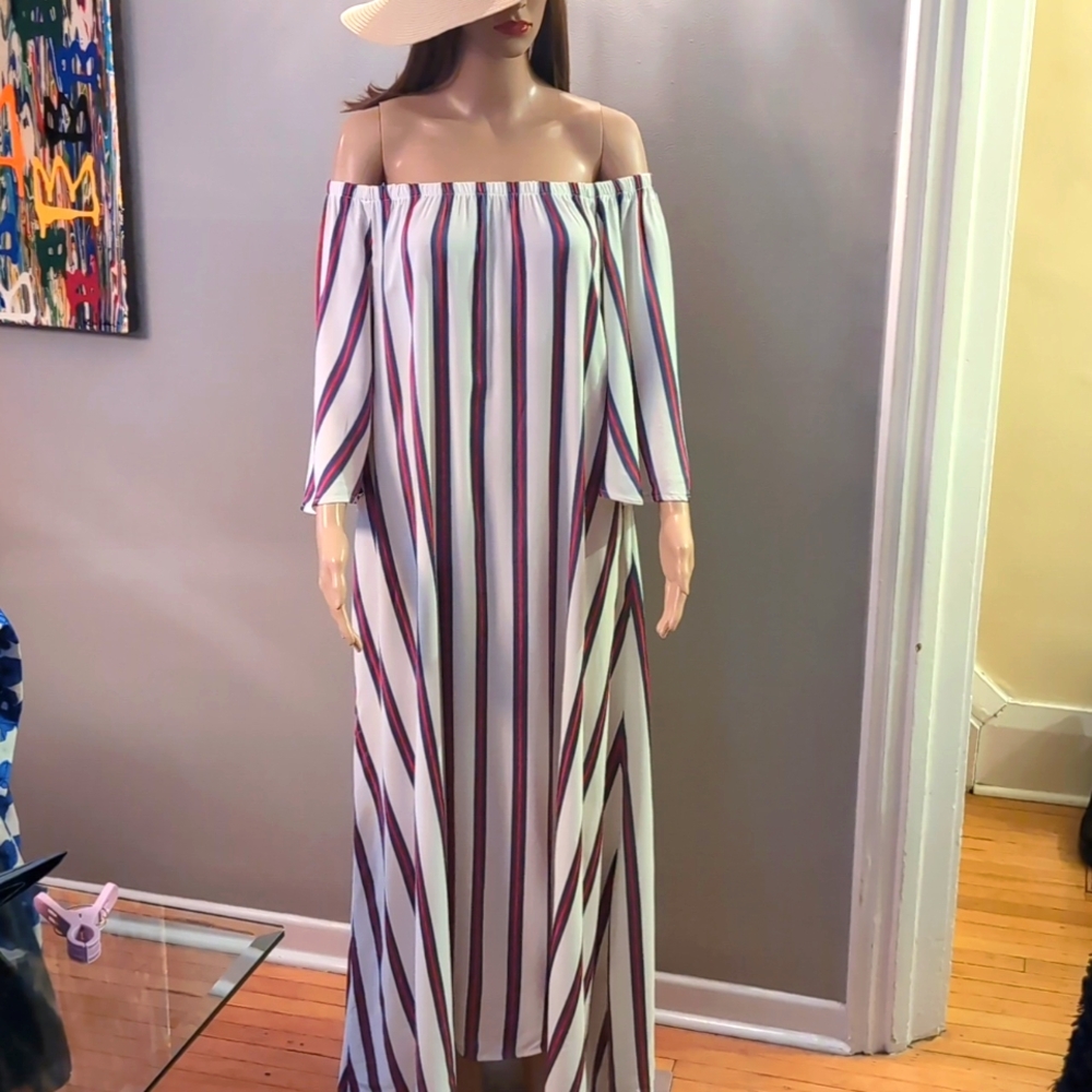 TENSIONE IN FIRENZE - NWT Off Shoulder Maxi Dress. Nautical Stripes. Large